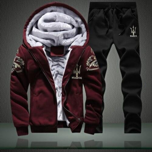 2021 Men Winter Streetwear Hoodies Casual Hooded Warm Sweatshirts Thick Fleece 2PC Jacket+Pant Men Set