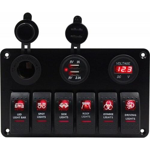 NEW 6 gang rocker control panel waterproof LED voltmeter with dual USB charging ports for cars, trucks, cruise ships