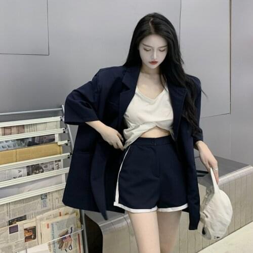 Solid Navy Blue Long And Loose Women Blazer Summer Thin Half Sleeve Fashion Suit Jacket Office Ladies Work Tops Hongkong Style