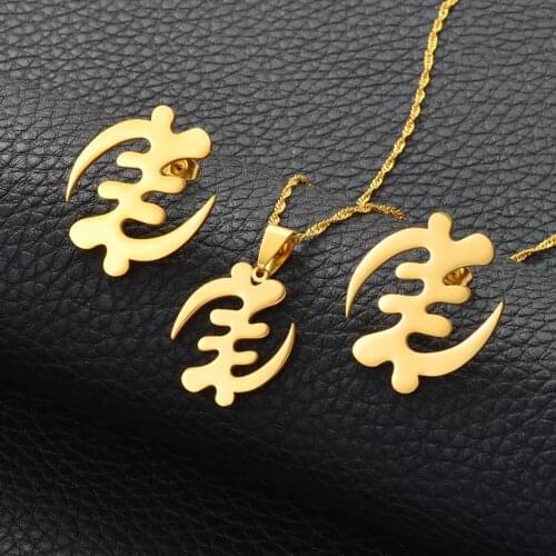 Anniyo African Symbol Necklaces Stud Earrings Sets Gold Color Stainless Steel Adinkra Gye Nyame Ethnic Jewelry Sets #152621