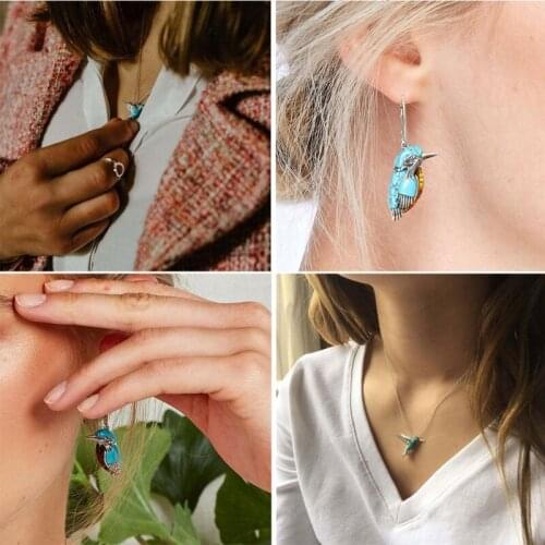 Blue Brid Pendant Necklace Flying Hummingbird Oil Painting Earrings Colorful Animal Brid Stud Earrings Fashion Jewelry E56A