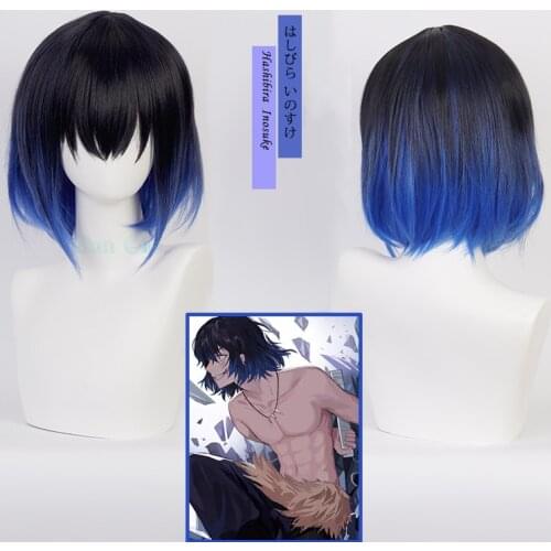 Anime Demon Slayer Hashibira Inosuke Cosplay Wig Black Blue Short Hair Kimetsu No Yaiba Train Mugen Heat Synthetic Hair Adults