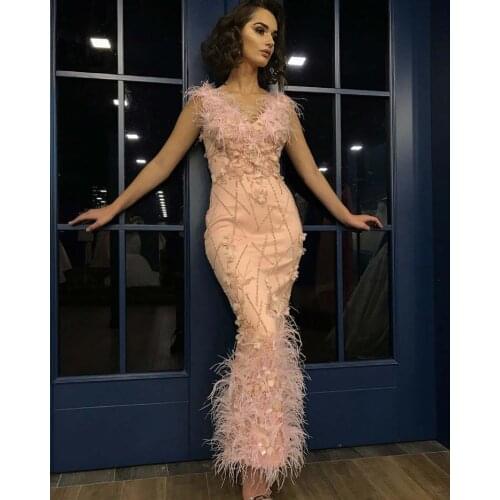 Sexy Vestidos De Fiesta Plunging V Neck Sleeveless Beaded 3D Flowers Feather Sheath Ankle Length Evening Dresses