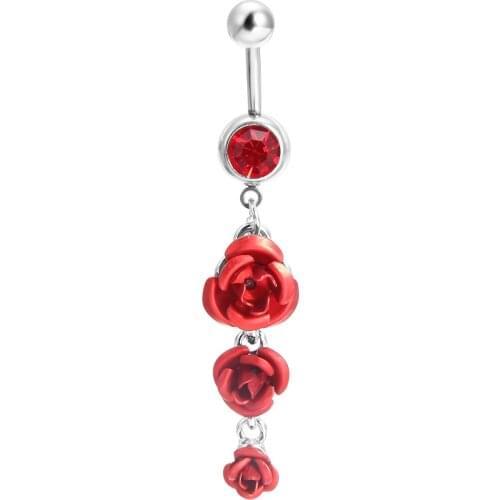 Fashion Women Rose Flower Navel Piercing Surgical Steel Red Crystal Bell Button Ring Body Jewelry piercing ombligo