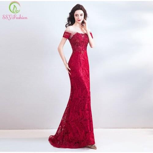 SSYFashion New Sexy Mermaid Evening Dress The Bride Banquet Elegant Red Lace Fishtail Prom Gown Formal Dresses Robe De Soiree