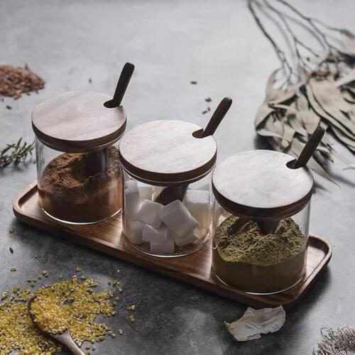 Glass Storage Jar Candy Cookies Tea Coffee Beans Organizer Bottle Wood Lid Container Spices Food Cereal Snack Jars 3 PCS Set