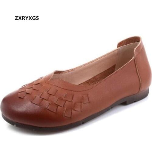 Hot 2021 New Spring Handmade Cowhide Woven Single Shoes Flat Casual Leather Shoes Soft Sole Comfortable Womens Shoes Large Size