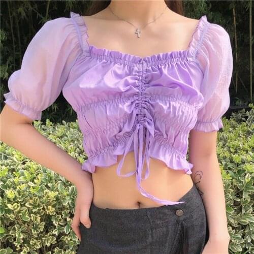 2020 Summer Women Off Shoulder Sexy Purple Shirt Blouse Ruched Bandage Blusas Slim Harajuku Casual Ruffle Crop top For Female