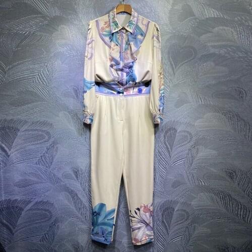 Seifrmann Summer Women Fashion Designer Pants Sets Lantern Sleeve Ruffles Loose Blouses+Printed Long Pants 2 Two Pieces Suits