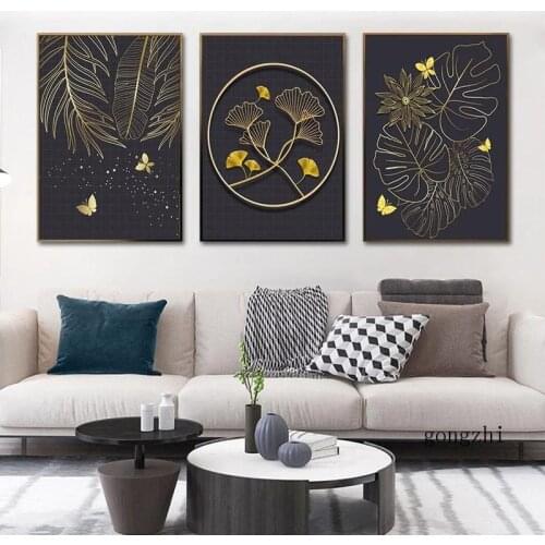 Golden Ginkgo Biloba Black Canvas Painting Leaves Butterfly Line Wall Art Poster Picture Decor Modern Living Room House Luxury