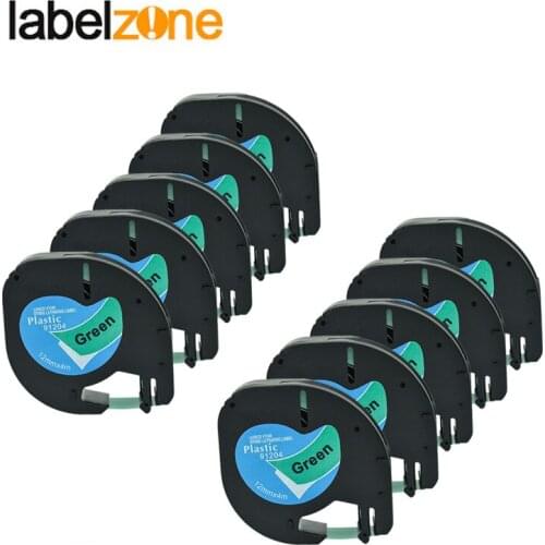 10PCS LT91204 Compatible Dymo Letratag Plastic Tapes 91204 Label Ribbon 12mm*4m Balck on Green 91334 91224 59425 for LT printers