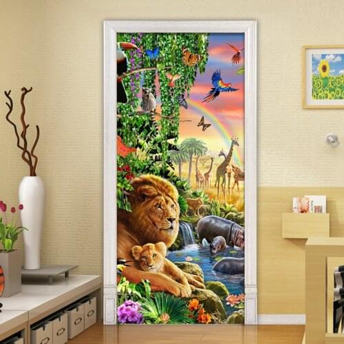 3D Cartoon Children Mural Wallpaper Animal World Lion Forest 3D Wall Door Mural PVC Eco-Friendly Bedroom 3D Wallpaper Home Decor