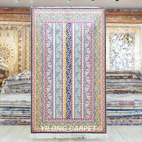 Yilong 3'x5' Persian Hand made Silk Carpets Small Hand Knotted Stripe Area Rugs (HF265B)