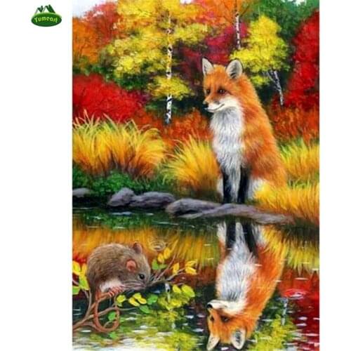 Diamond Cross Stitch Autumn Yellow Forest Tree Fox and Mouse Rhinestone Diamond Embroidery Patchwork Mosaic Needlework Crafts