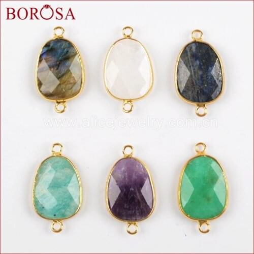BOROSA 10PCS New Gold Color Labradorite White Quartz Faceted Polished Connector Charms for Necklace Bracelet DIY Jewelry G1404