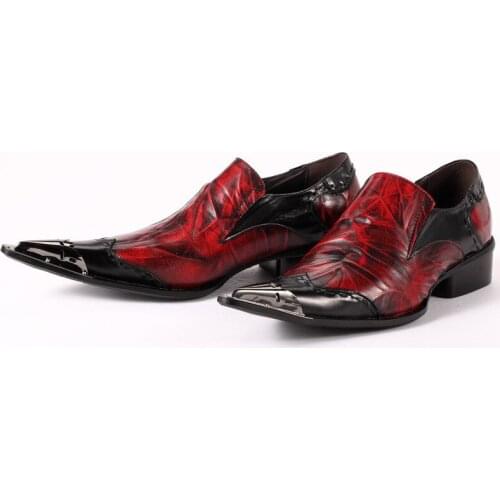 Christia Bella Golden Pointed Toe Red and Black Men Genuine Leather Shoes Mens Fashion Large Size Shoes Mens Party Prom Shoes