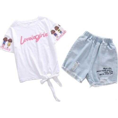 Children girls sets clothes kids suit summer short-sleeved t-shirt denim cropped pants two-piece kids girls clothing fashion