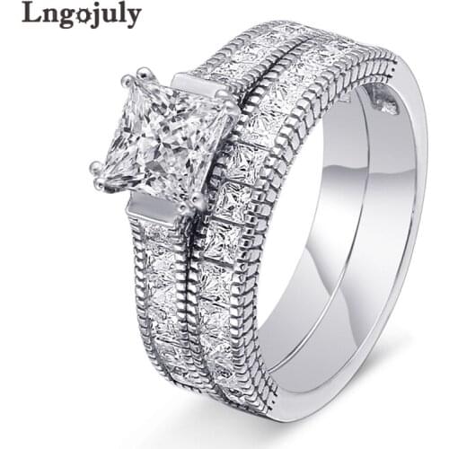 Trendy Women Ring 925 Sterling Silver Wedding Bride Ring Princess Zircon Rhinestone Engagement Ring Set Jewelry Gifts