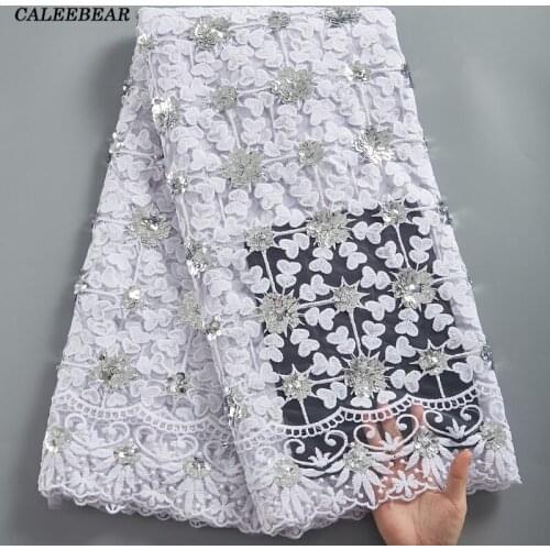 Latest White French Tulle Lace Fabric 2021 High Quality Embroidered African Net Lace Nigerian Fabrics With Sequins 5Yards S2412