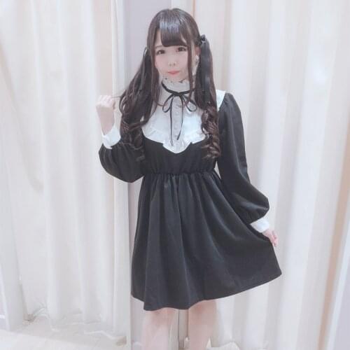 Autumn White Collar Black Dress Summer Cute Kawaii Lolita Vintage Soft Sister Stand Collar Ruffled Hem Princess One Piece Dress