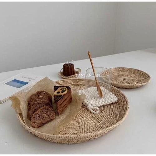 Pastoral Ins Style Korean Vintage Rattan Fruit Bread Tray Storage Tray Hand Woven Photo Props Home Decoration Desktop Ornaments