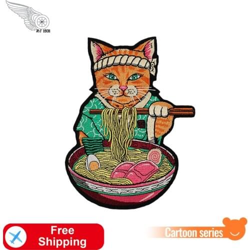 Samurai Cat with Noodles Embroidery Japanese Craft Patches Iron on for Clothes Diy Custom Jackets Sewing Cartoon Stickers