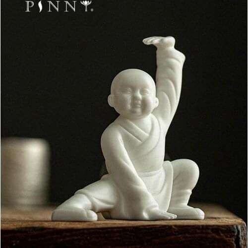PINNY White Porcelain Kung Fu Kid Decoration Statue Ceramics Tea Pet Tea Ceremony Ornaments