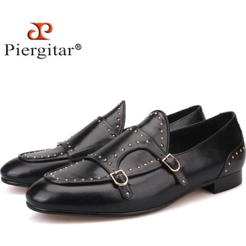 Piergitar 2018 new style Black colors Genuine Leather men shoes with Polka Dot designs Wedding and Banquet mens loafers