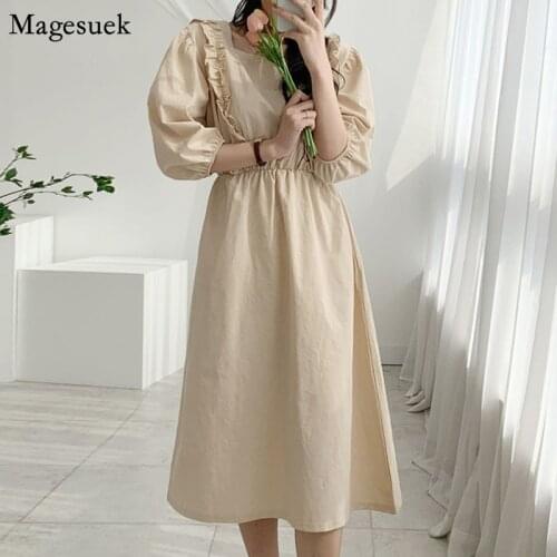 Korean Sweet Puff Short Sleeve Summer Dress Women Vintage Ruffles Elegant Dress Female Casual Party Long Dresses Vestidos 13959