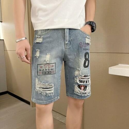 Ripped Jeans Thin Wide-leg Straight Shorts Oversize Trendy Brand Hiphop Printed Letters Loose Denim 5-quarter Pants Streetwear