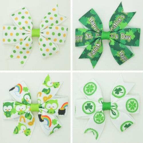 SUPWRF 3.1'' St. Patricks Day Clover bow Girls Hair Bow With Clip Boutique Printed Ribbon headwear diy wholesale 20 PCS T0929