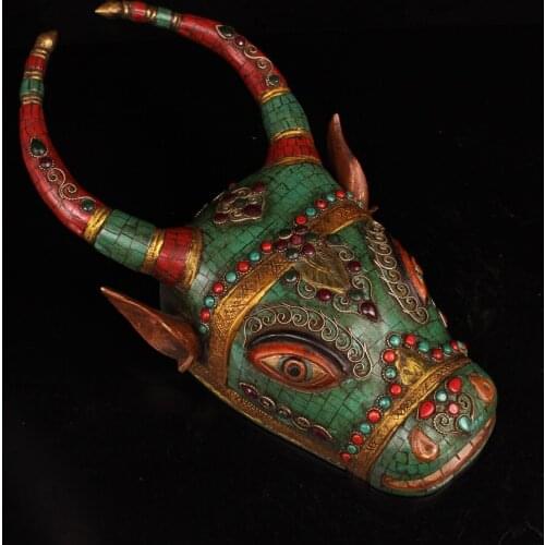 13"Tibet Buddhism Old Bronze Gem Painted outline in gold Zodiac Bull Head Statue Bull market Town House Ward off evil spirits