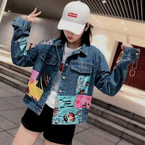 Boho female jacket autumn Vintage cartoon pattern qppliques Embroidery long sleeve coat outerwear denim jacket for women Y237