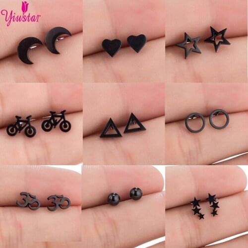 Fashion Triangle Unisex Punk Rock Stainless Steel Mens and Womens Stud Earrings Hollow Push-in Earplugs Round Jewelry Punching