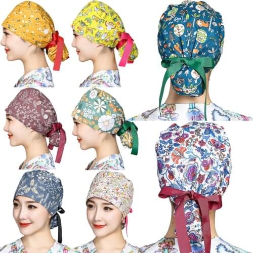 Women Scrubs Caps Ribbon Bandage Sweatband Printed Hats for Long Hair Cotton Elastic Adjustable Nursing Workwear Buttons Hats