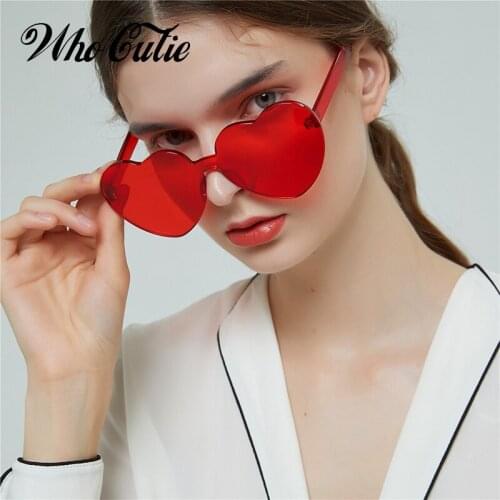 WHO CUTIE Heart Shape Sunglasses Women Rimless Frame 2018 Love Cat eye Sun Glasses Colorful Red Pink Purple Yellow Shades OM636