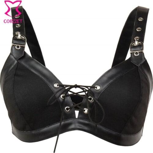 Women Sexy Bra Push Up Backless PU Gothic Summer Faux Leather Punk Rock Elastic Ladies Lace Up Black Wireless Bras