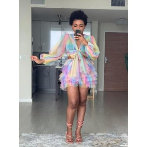 Pretty Candy Rainbow Tulle Top Long Sleeve Sexy See Through Tulle Women Top Custom made Fashion Women Cloth