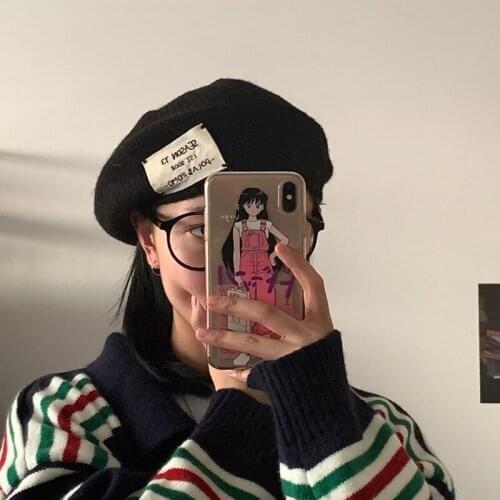 Women Fashion Dome Knitted Beret Keep Warm Autumn and Winter All-match Artist Letter Patch Painter Hat