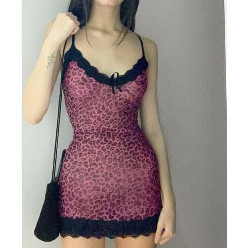 Y2K Aesthetics Leopard WomenS Dress Vintage Spaghetti Strap Femme Party Dresses V-Neck Lace Hem Sheath Bodycon Mini Dress