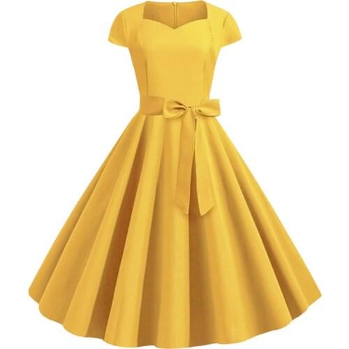 2021 Summer Solid Yellow Color 50s 60s Vintage Dress Women Short Sleeve Square Collar Elegant Office Party Midi Dresses Belt