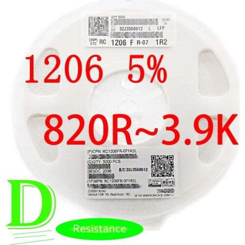 100PCS SMD Resistor 1206 5% RC1206JR-07 Series 820R 910R 1K 1.1K 1.2K 1.3K 1.5K 1.6K 1.8K 2K 2.2K 2.4K 2.7K 3K 3.3K 3.6K 3.9K