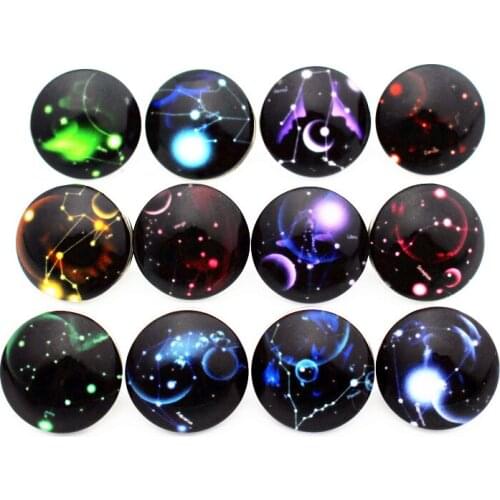 12Pcs/lot New Snap Jewelry Beautiful 12 Constellation Zodiac Print Glass Snap Buttons Fit 18mm DIY Snap Bracelet Necklace