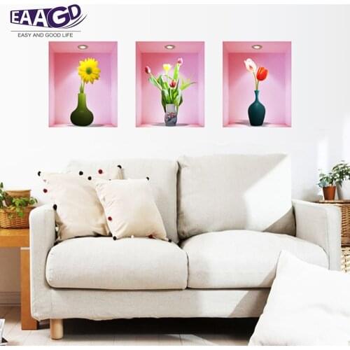 3Pcs/Set 3D Vase Removable Wall Mural Decals Stickers - Adhesive Wall Decal Sticker for Bedroom Living Kids Rooms Decor DIY