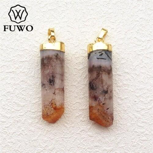 FUWO Cylinder Natural Citrines Pendant 24k Gold Electroplated Polished Yellow Crystal Jewelry Accessories Wholesale PD139