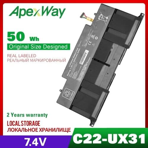 Apexway C22-UX31 Laptop Battery for ASUS Zenbook UX31 UX31A UX31E UX31E-DH72 C22-UX31 C23-UX31 7.4V 50WH