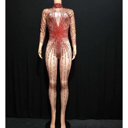 Shining Red Rhinestones Sexy Rompers Costume Bling Jumpsuit Womens Outfit Bodysuit Birthday Celebrate Wear Female Singer Wear