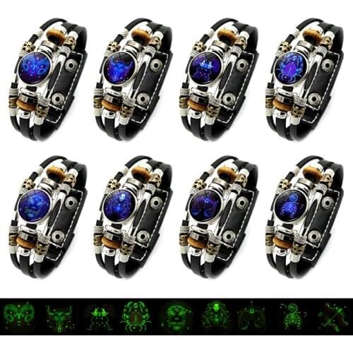 12 Zodiac Signs Constellation Luminous Bracelet for Men Women Multilayer Beaded Weave Leather Bracelet & Bangle Birthday Gifts