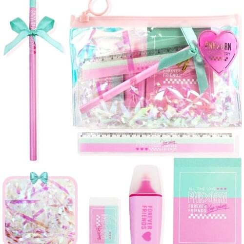 QSUM Girls Pencil Pouch, Cute Vinyl Pencil Case Back to School Gift, includes Eraser, Ruler, Marker (Pink)