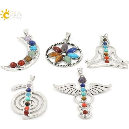 CSJA Chakras Natural Stone Pendant Angel Wings cho ku rei Health Amulet Fashion 7 Reiki Yoga Jewelry Necklace Pendants Gift E015